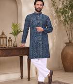 Navy blue color traditional chikankari embroidery cotton men's kurta payjama set