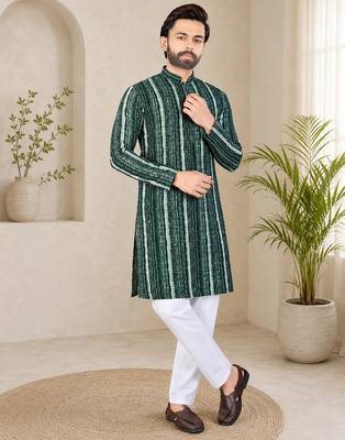 Dark green color digital print with chikankari embroidery work rayon men's kurta payjama set 1