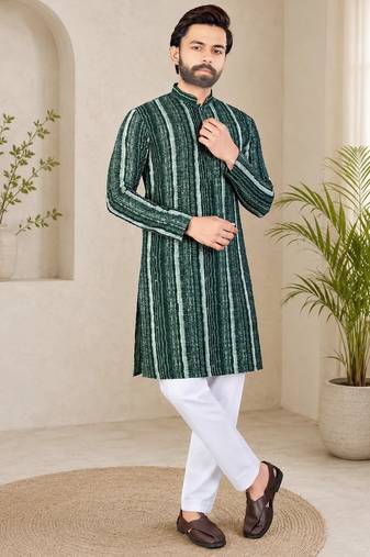 Dark green color digital print with chikankari embroidery work rayon men's kurta payjama set