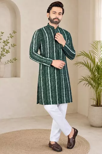 Dark green color digital print with chikankari embroidery work rayon men's kurta payjama set