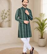 Dark green color digital print with chikankari embroidery work rayon men's kurta payjama set