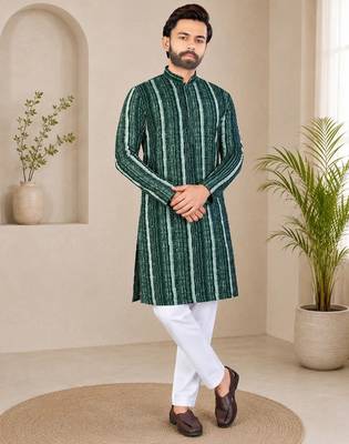 Dark green color digital print with chikankari embroidery work rayon men's kurta payjama set 2