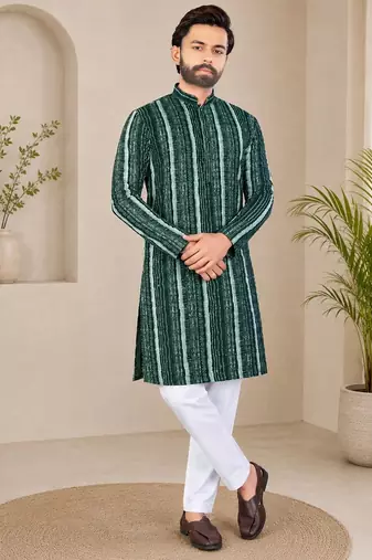 Dark green color digital print with chikankari embroidery work rayon men's kurta payjama set