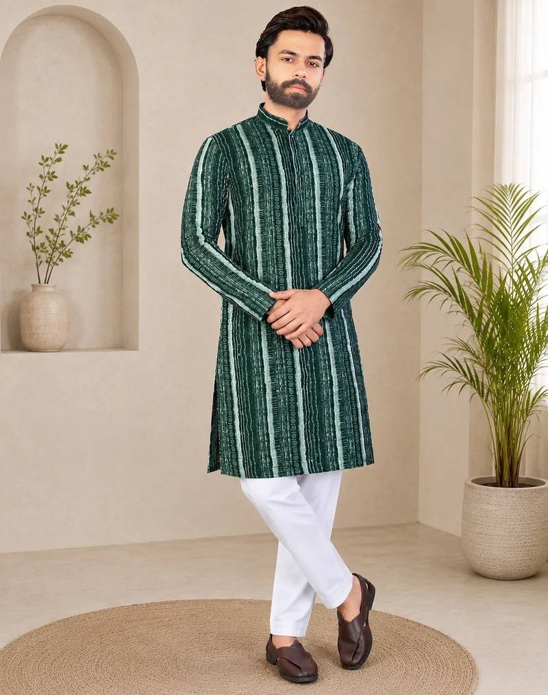 Dark green color digital print with chikankari embroidery work rayon men's kurta payjama set