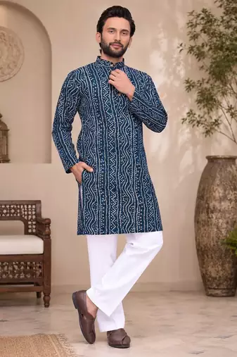 Navy blue color traditional chikankari embroidery cotton men's kurta payjama set