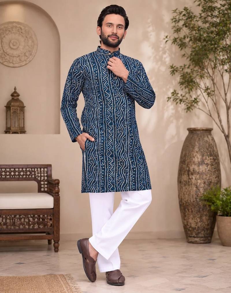 Navy blue color traditional chikankari embroidery cotton men's kurta payjama set