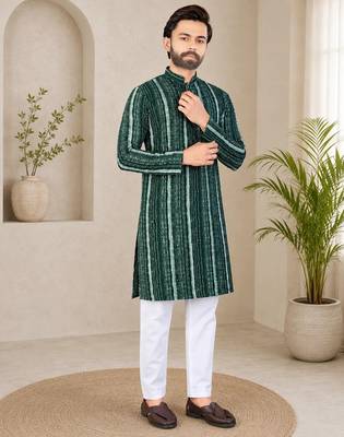 Dark green color digital print with chikankari embroidery work rayon men's kurta payjama set 3