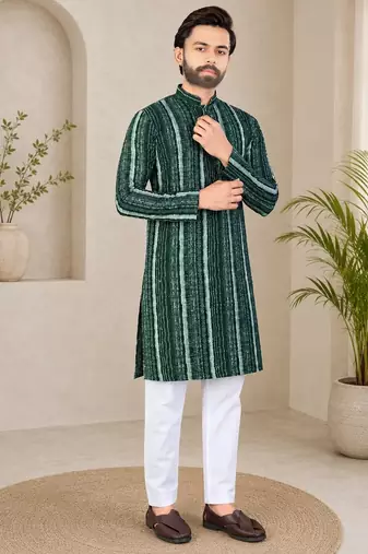 Dark green color digital print with chikankari embroidery work rayon men's kurta payjama set