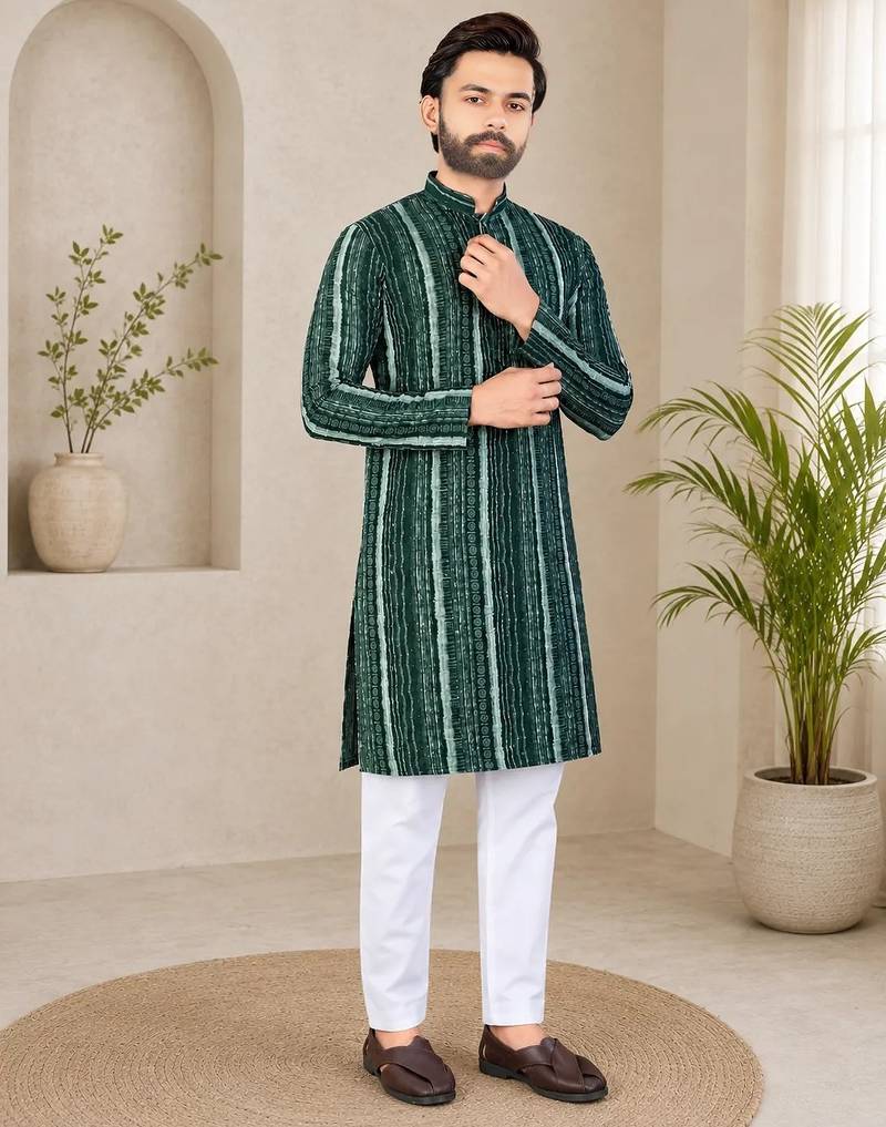 Dark green color digital print with chikankari embroidery work rayon men's kurta payjama set