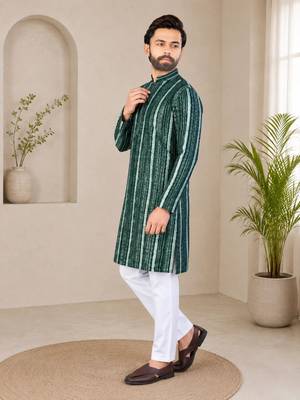 Dark green color digital print with chikankari embroidery work rayon men's kurta payjama set 4
