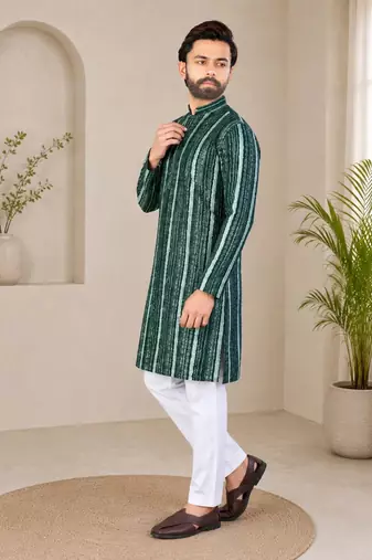 Dark green color digital print with chikankari embroidery work rayon men's kurta payjama set