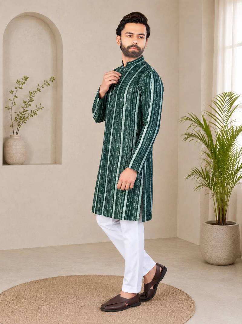 Dark green color digital print with chikankari embroidery work rayon men's kurta payjama set