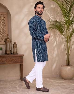 Navy blue color traditional chikankari embroidery cotton men's kurta payjama set 3