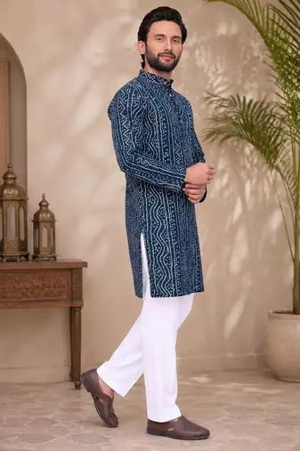 Navy blue color traditional chikankari embroidery cotton men's kurta payjama set