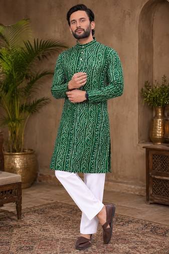 Dark green color traditional chikankari embroidery cotton men's kurta payjama set