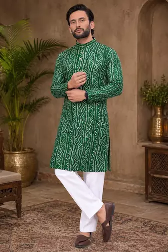 Dark green color traditional chikankari embroidery cotton men's kurta payjama set