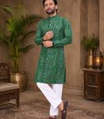 Dark green color traditional chikankari embroidery cotton men's kurta payjama set