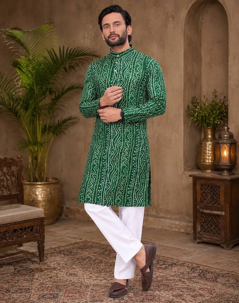 Dark green color traditional chikankari embroidery cotton men's kurta payjama set