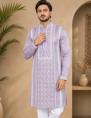 Lavender color embroidery and silver sequence work silk men's kurta payjama set 3