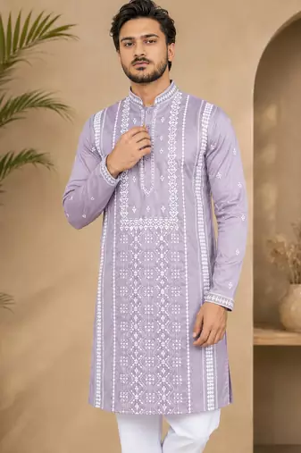 Lavender color embroidery and silver sequence work silk men's kurta payjama set