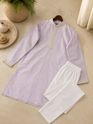 Lavender color all over silver jari with embroidery buti matka silk men's kurta payjama set 5