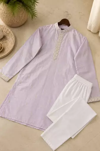 Lavender color all over silver jari with embroidery buti matka silk men's kurta payjama set