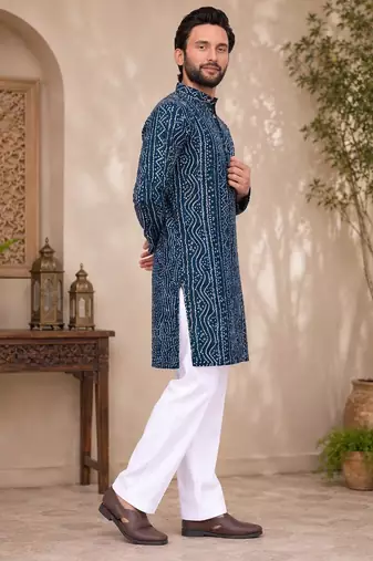 Navy blue color traditional chikankari embroidery cotton men's kurta payjama set