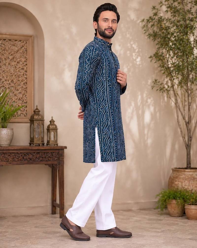 Navy blue color traditional chikankari embroidery cotton men's kurta payjama set