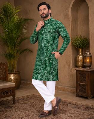 Dark green color traditional chikankari embroidery cotton men's kurta payjama set 2