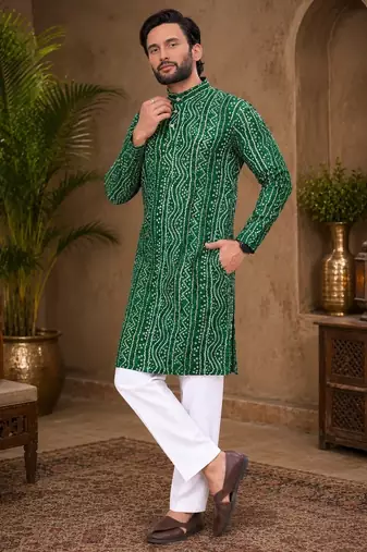 Dark green color traditional chikankari embroidery cotton men's kurta payjama set