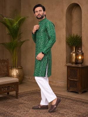 Dark green color traditional chikankari embroidery cotton men's kurta payjama set 3