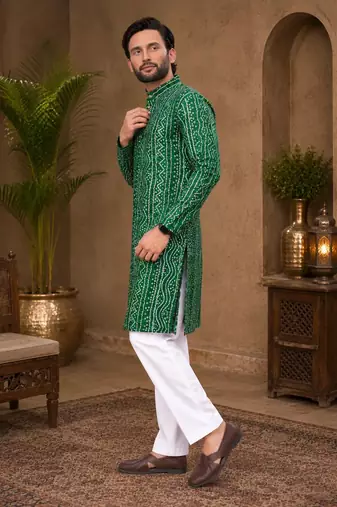 Dark green color traditional chikankari embroidery cotton men's kurta payjama set