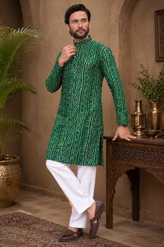 Dark green color traditional chikankari embroidery cotton men's kurta payjama set