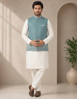 Off white-sky blue color embroidered daaman work shiny silk men's kurta payjama set 2