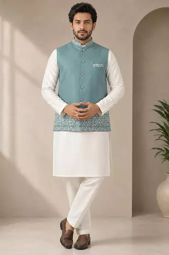 Off white-sky blue color embroidered daaman work shiny silk men's kurta payjama set
