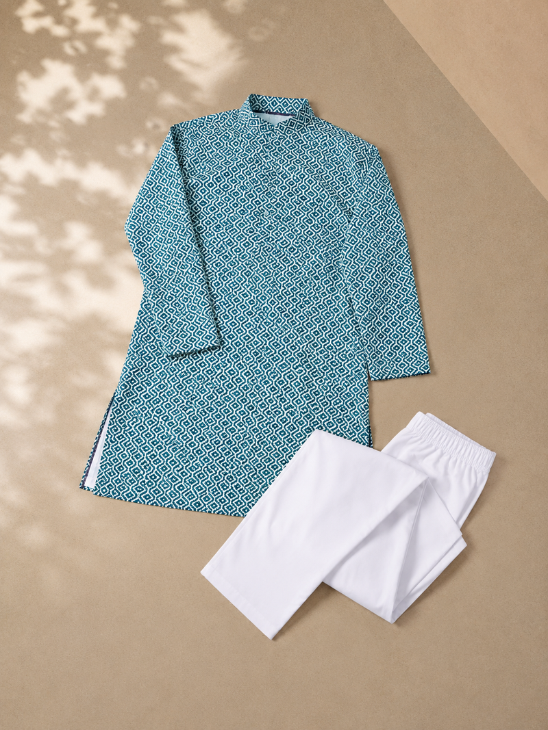 Blue color handcrafted luckhnawi chikankari cotton men's kurta payjama set