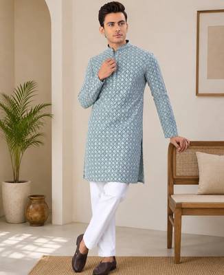 Teal blue  color traditional chikankari embroidery cotton men's kurta payjama set 1