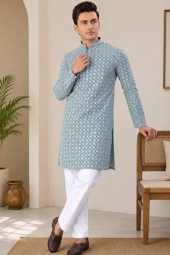 Teal blue  color traditional chikankari embroidery cotton men's kurta payjama set