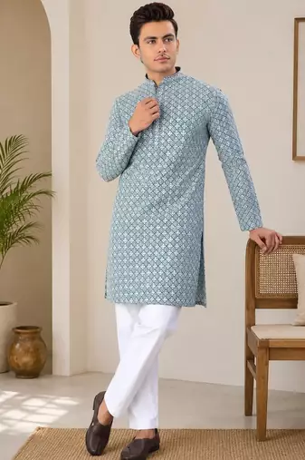 Teal blue  color traditional chikankari embroidery cotton men's kurta payjama set