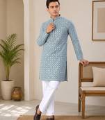Teal blue  color traditional chikankari embroidery cotton men's kurta payjama set