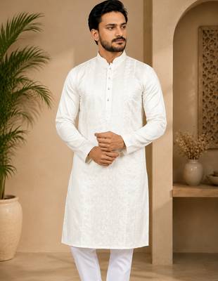 Beige color embroidery and silver sequence work silk men's kurta payjama set 3