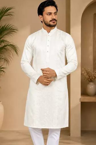 Beige color embroidery and silver sequence work silk men's kurta payjama set