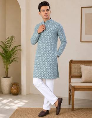 Teal blue  color traditional chikankari embroidery cotton men's kurta payjama set 2