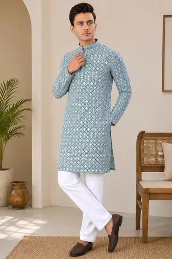Teal blue  color traditional chikankari embroidery cotton men's kurta payjama set