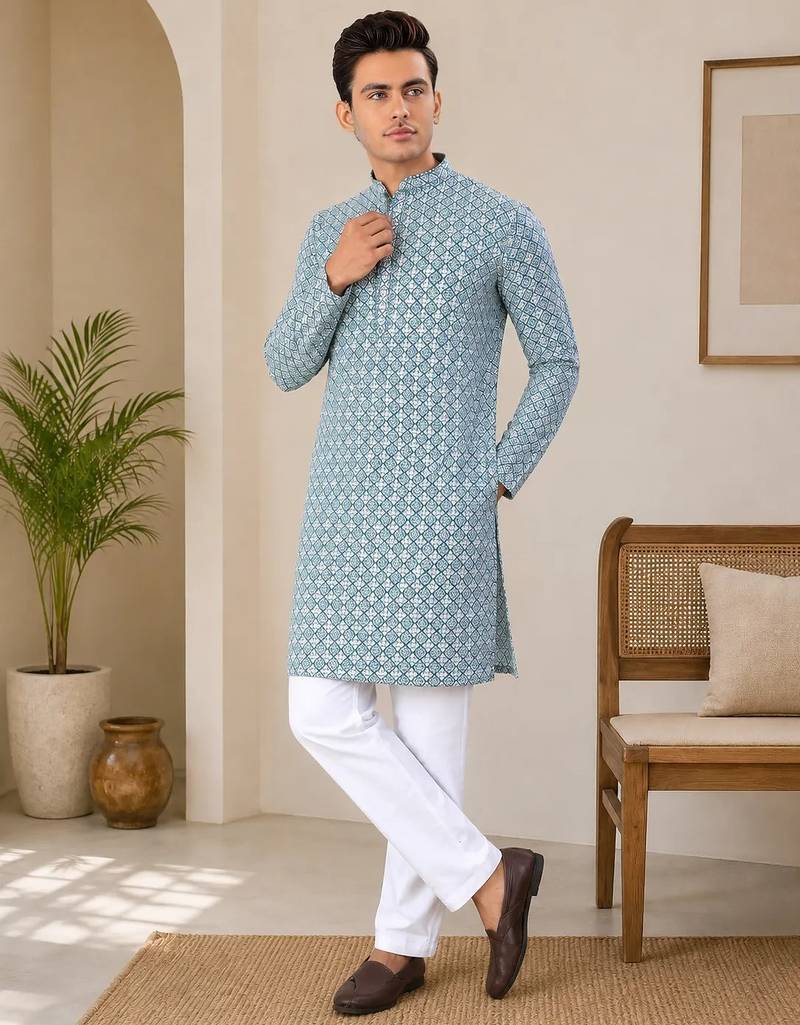 Teal blue  color traditional chikankari embroidery cotton men's kurta payjama set