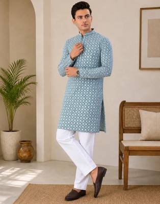 Teal blue  color traditional chikankari embroidery cotton men's kurta payjama set 3