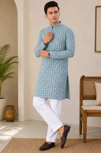 Teal blue  color traditional chikankari embroidery cotton men's kurta payjama set
