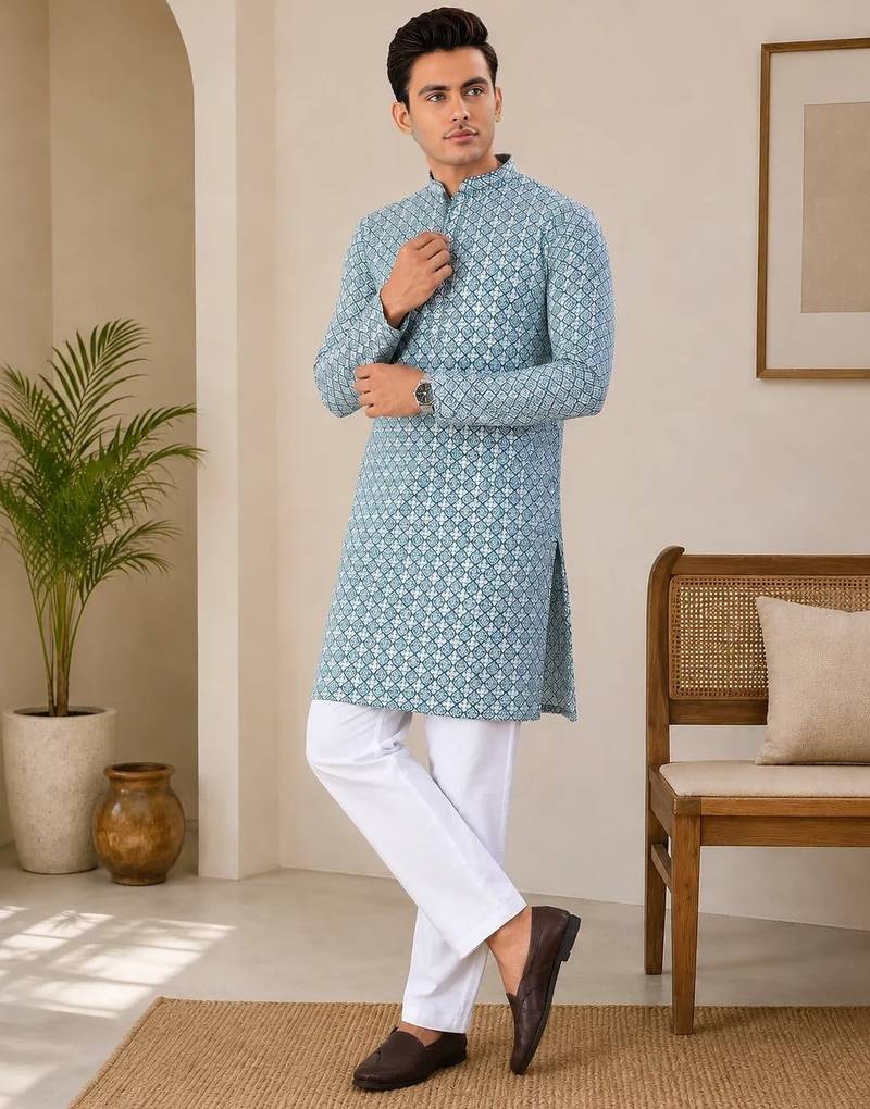 Teal blue  color traditional chikankari embroidery cotton men's kurta payjama set