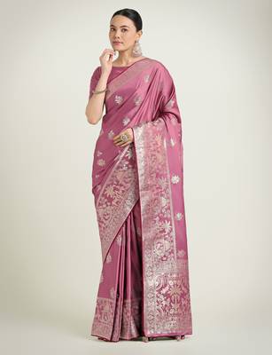 onion pink silk blend banarasi jacuard work saree with unstitched blouse piece 1