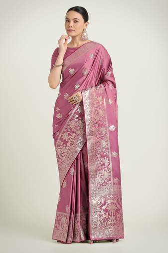onion pink silk blend banarasi jacuard work saree with unstitched blouse piece